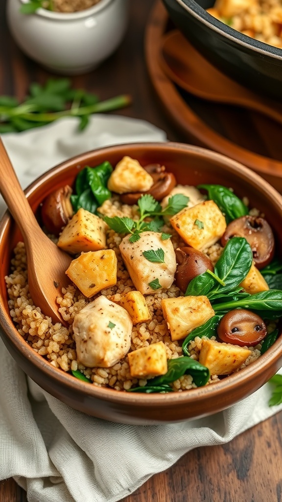 One-pot chicken quinoa with mushrooms and spinach in a rustic bowl, garnished with herbs.